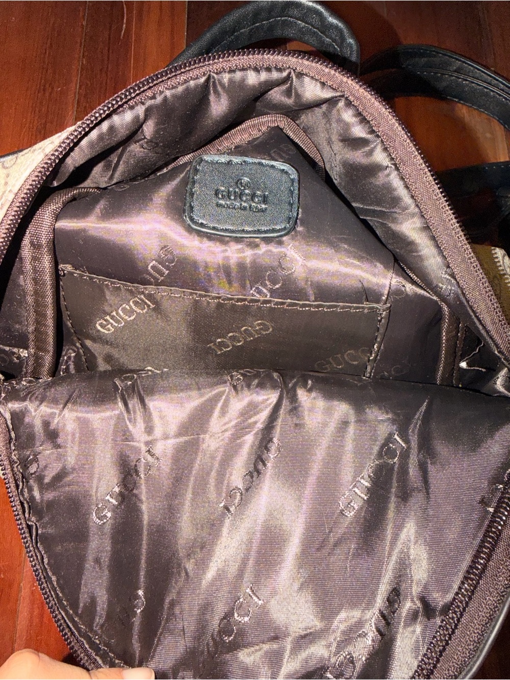 Mini Gucci Style Tan GG Supreme Canvas Mini Backpack with Green-Red Stripe - Picture 2 of 3